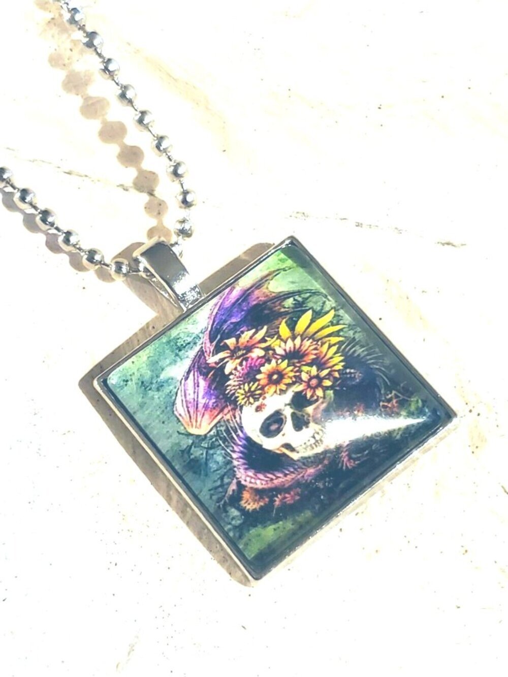 Sugar Skull Square Glass Cabochon Pendant  Necklace